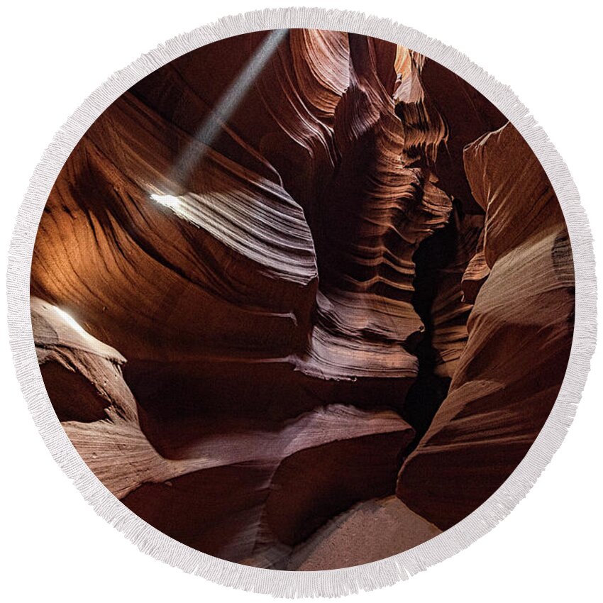Antelope Canyon Round Beach Towel featuring the photograph Ray of Light #1 by Erika Fawcett