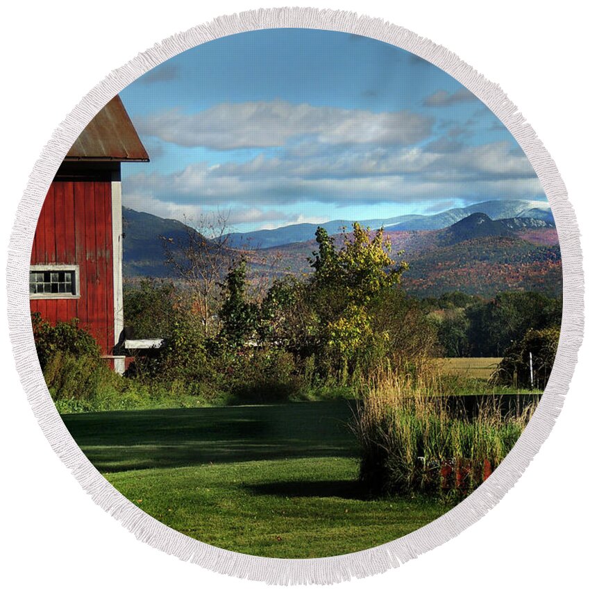 Barn Round Beach Towel featuring the photograph Red Barn in Newbury Vermont #2 by Nancy Griswold