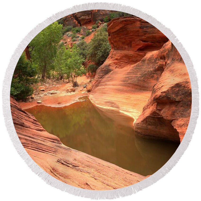 Red Cliffs Round Beach Towel featuring the photograph Red Cliffs Oasis #1 by Adam Jewell