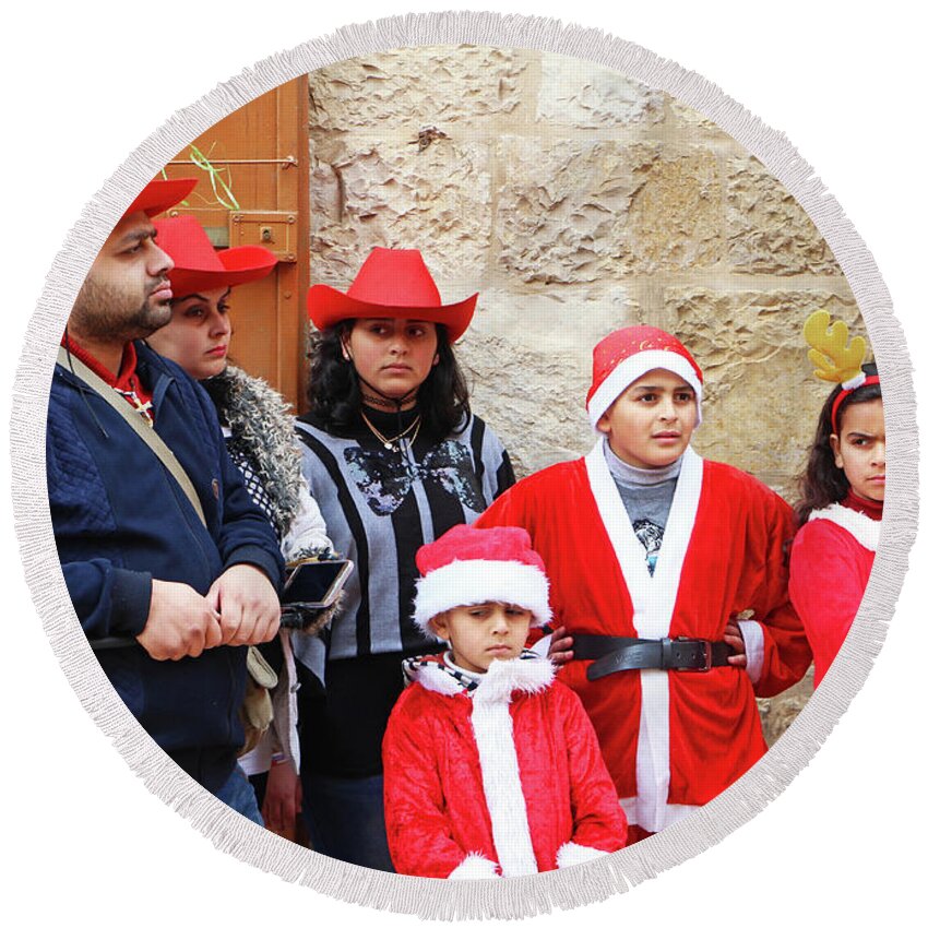Bethlehem Round Beach Towel featuring the photograph Red Hats #1 by Munir Alawi
