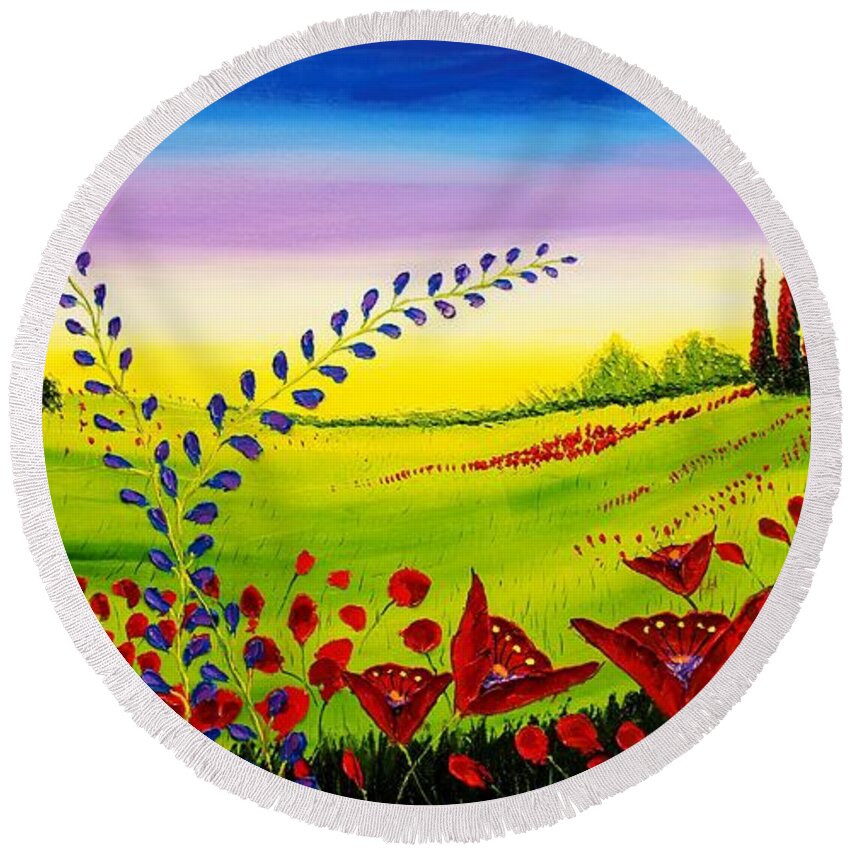  Round Beach Towel featuring the painting Red Poppies Of Tuscany #5 #2 by James Dunbar