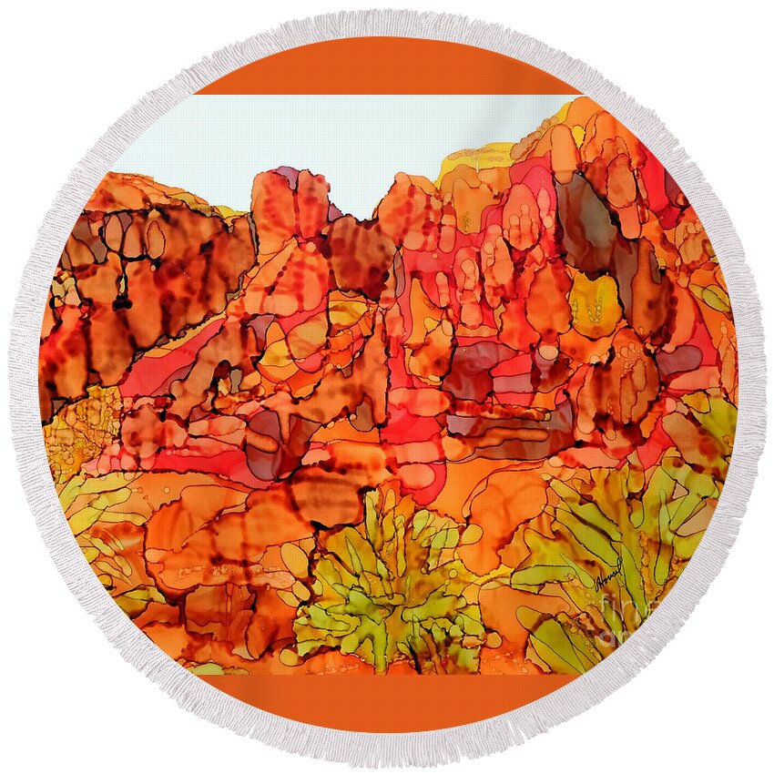 Alcohol Ink Round Beach Towel featuring the painting Red Rock Canyon Loop #1 by Vicki Housel