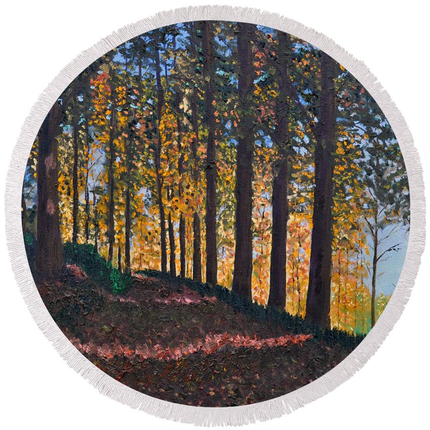 Road Path Leaves Ground Shadows Sunlight Trees Woods Weeds Grass Sky Autumn Fall Solitude Round Beach Towel featuring the painting Road in Woods #1 by Stan Hamilton