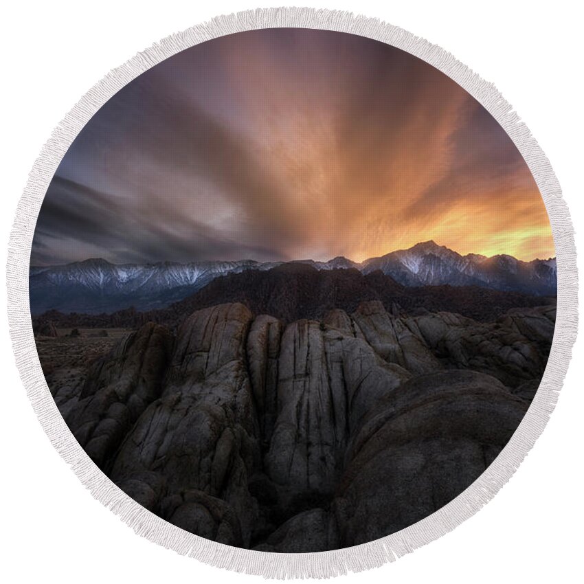 Alabama Hills Round Beach Towel featuring the photograph Rock Eruption #1 by Nicki Frates