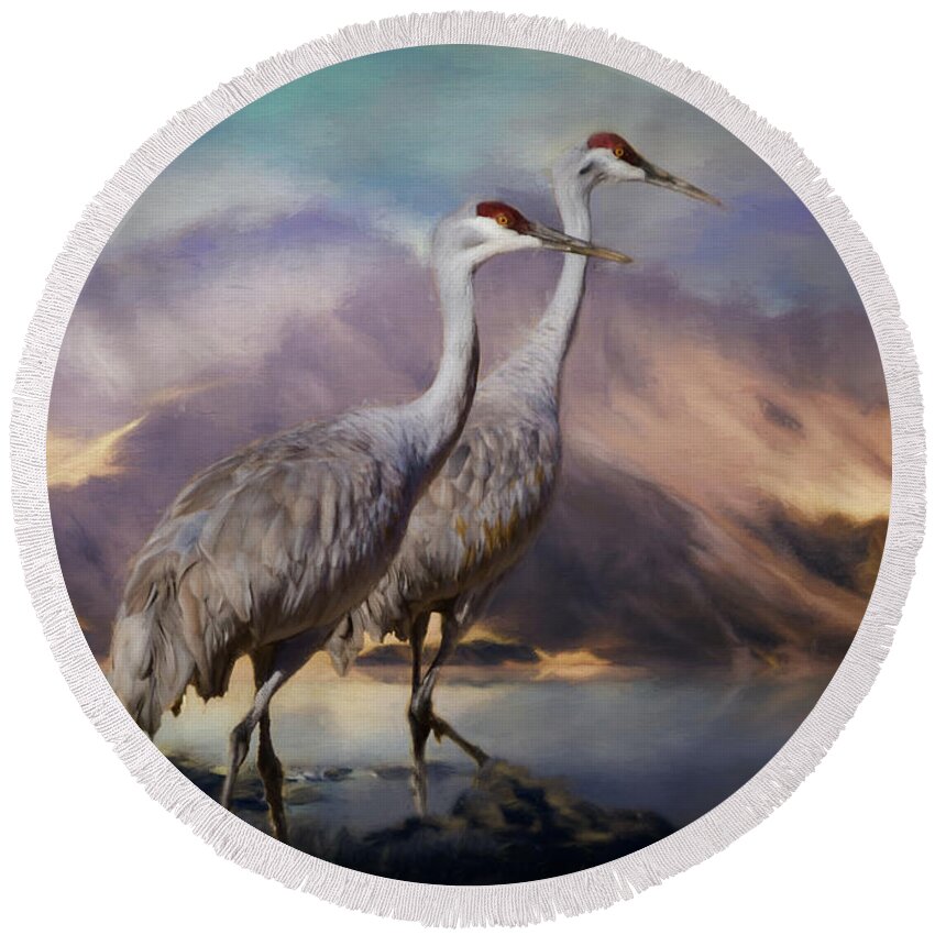 Crane Round Beach Towel featuring the painting Rocky Mountain Sandhill Cranes by Janice Pariza