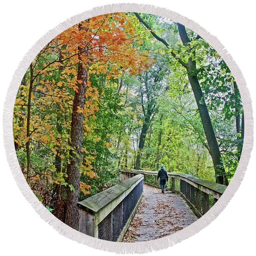 Rogue River Boardwalk In Rockford Round Beach Towel featuring the photograph Rogue River Boardwalk in Rockford, Michigan #1 by Ruth Hager