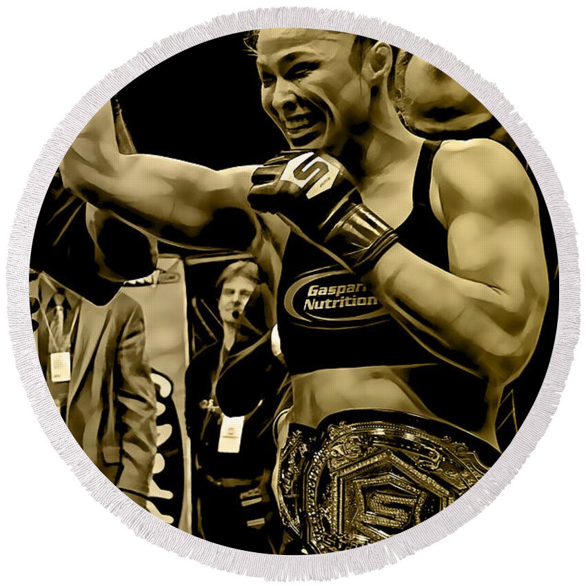 Ronda Rousey Round Beach Towel featuring the mixed media Ronda Rousey Fighter #1 by Marvin Blaine