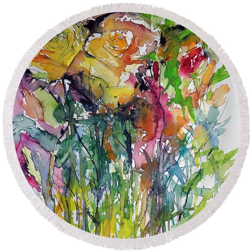 Rose Round Beach Towel featuring the painting Roses #1 by Kovacs Anna Brigitta