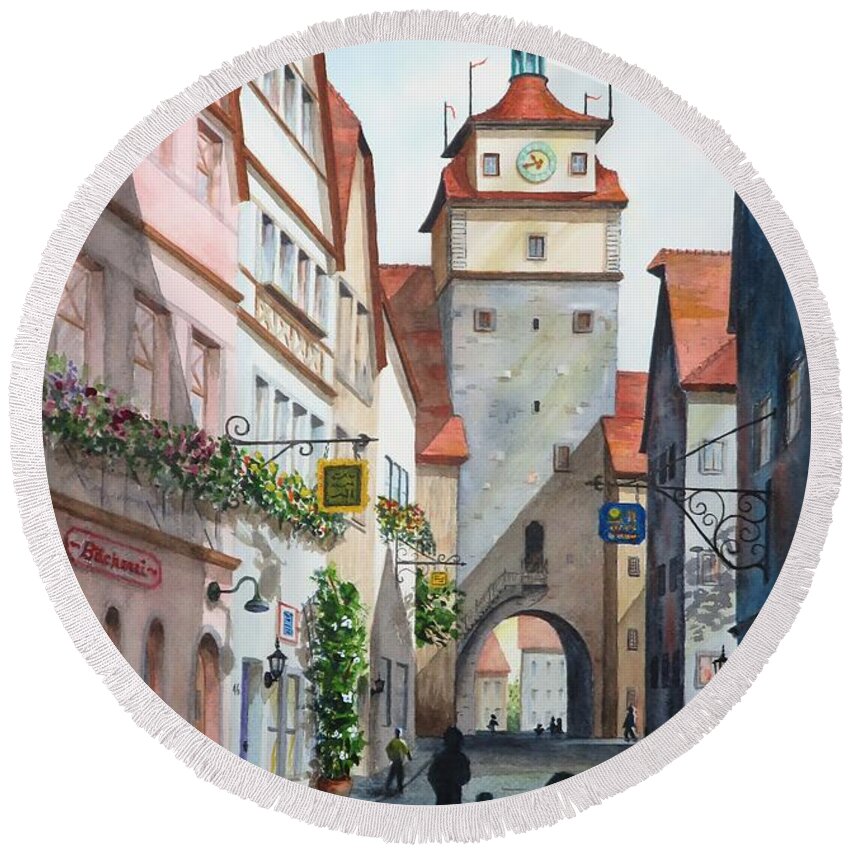 Tower Round Beach Towel featuring the painting Rothenburg Tower by Joseph Burger