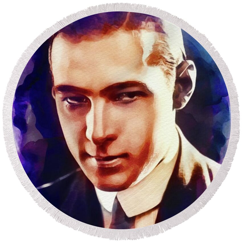 Rudolph Round Beach Towel featuring the painting Rudolph Valentino, Vintage Actor #1 by Esoterica Art Agency