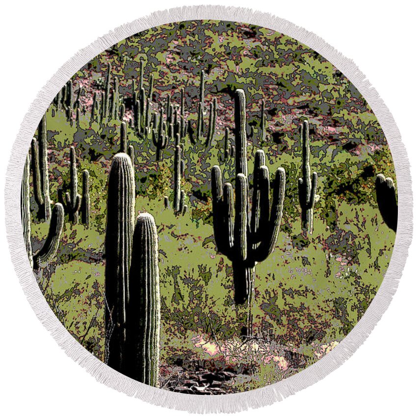 Saguaro Forest Round Beach Towel featuring the digital art Saguaro Forest #1 by Tom Janca