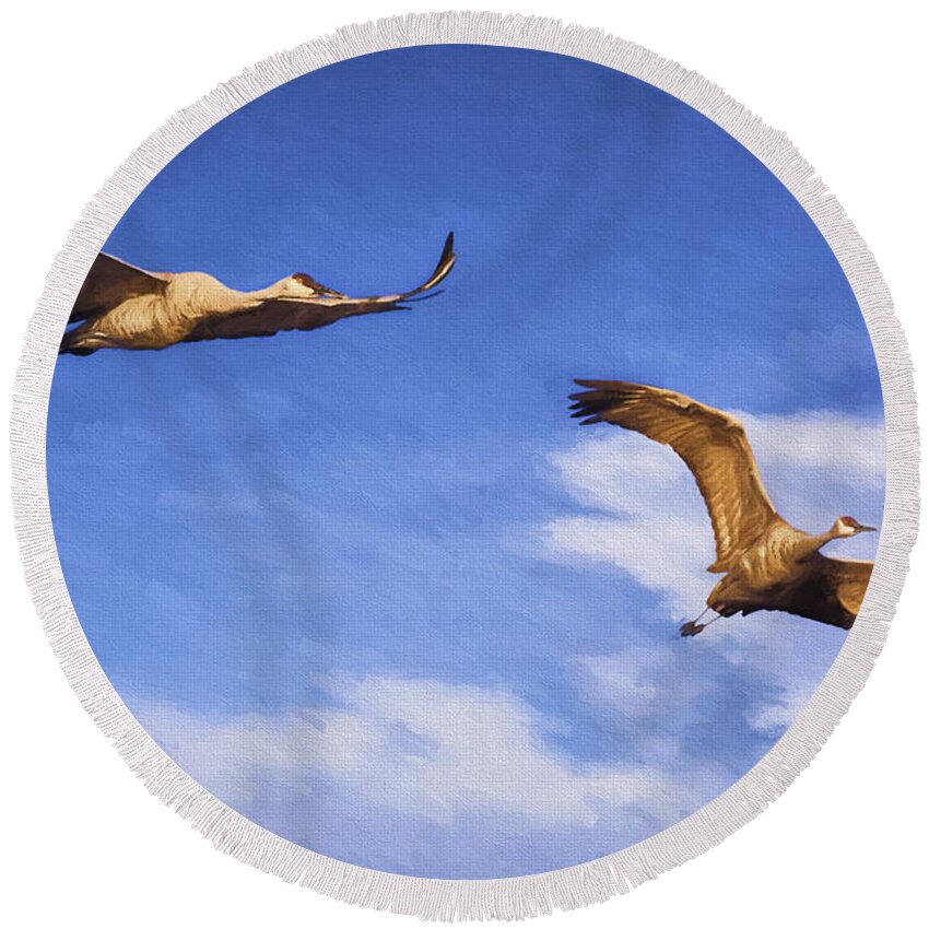 Sandhill Cranes In Flight Round Beach Towel featuring the photograph Sandhill Cranes in Flight #2 by Priscilla Burgers