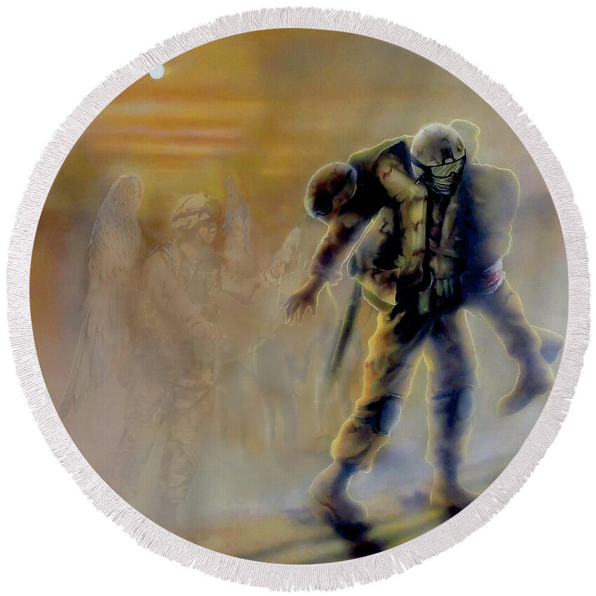 911 Round Beach Towel featuring the painting Savior in a Storm #2 by Todd Krasovetz