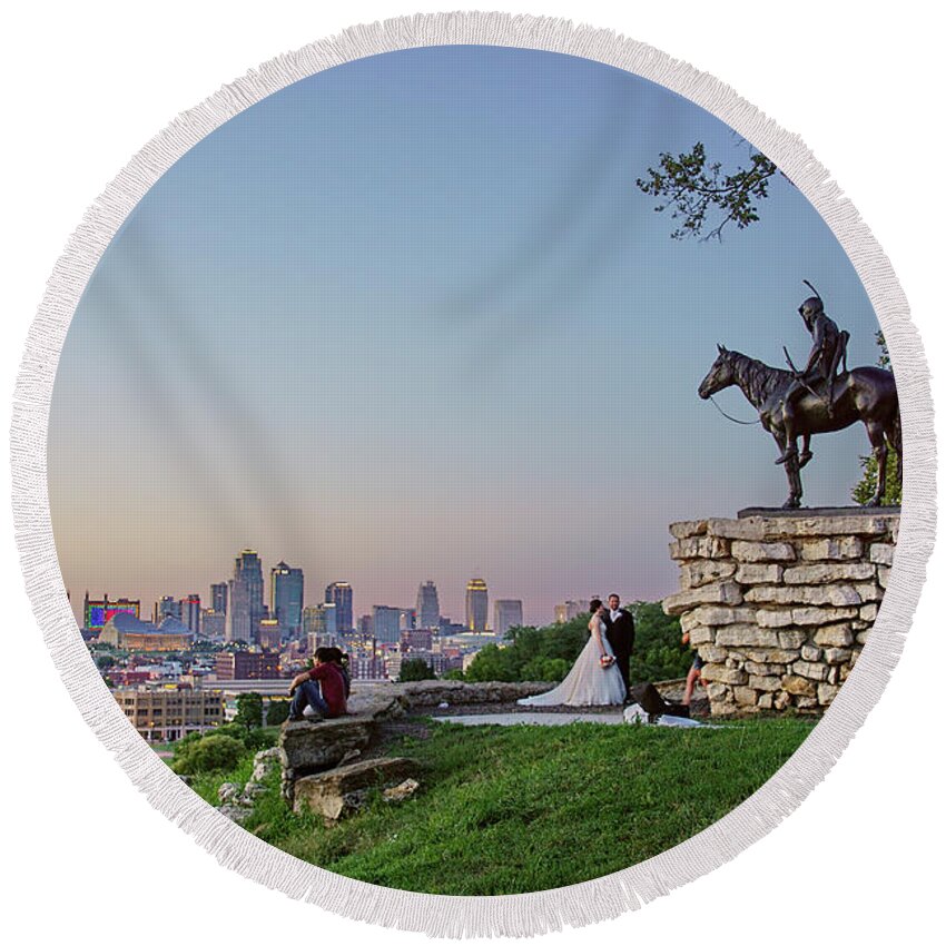 Scout Round Beach Towel featuring the photograph Scout and Kansas City Skyline #1 by Alan Hutchins