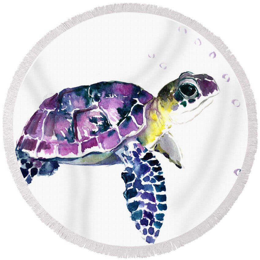 Sea Turtle Round Beach Towel featuring the painting Sea Turtle, underwater scene #1 by Suren Nersisyan