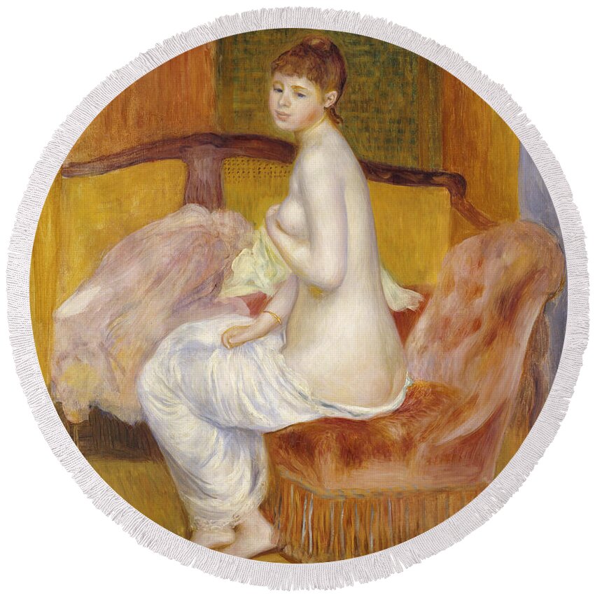Impressionist; Impressionism; Portrait; Female; Full Length Round Beach Towel featuring the painting Seated Nude by Pierre Auguste Renoir