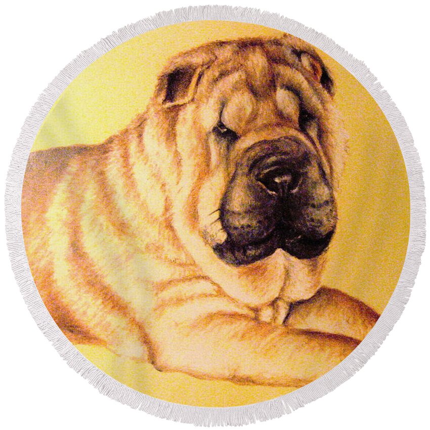 Sharpei Round Beach Towel featuring the pastel Sharpei by Larry Whitler