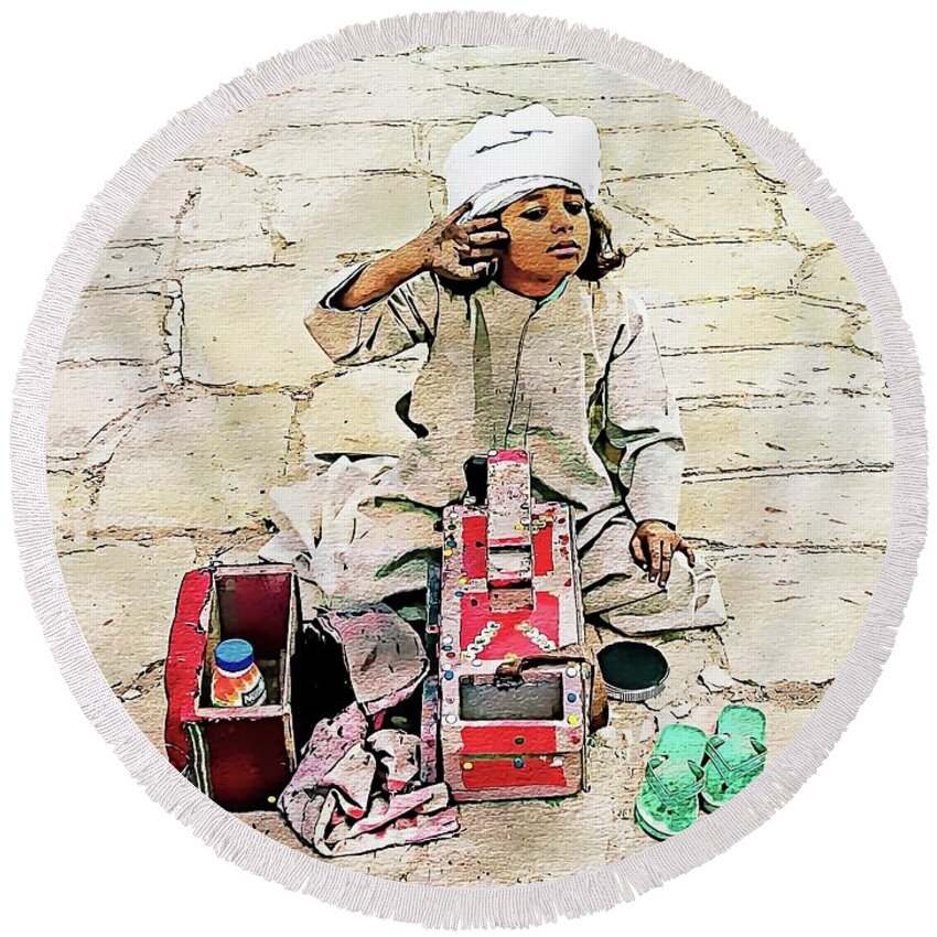Africa Round Beach Towel featuring the digital art Shoeshine Girl - Nile River, Egypt #1 by Joseph Hendrix