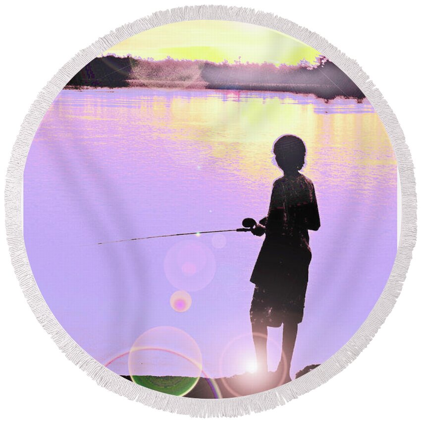 Silhouette Round Beach Towel featuring the digital art Silhouetted Boy Fishing at Sunset #1 by A Macarthur Gurmankin