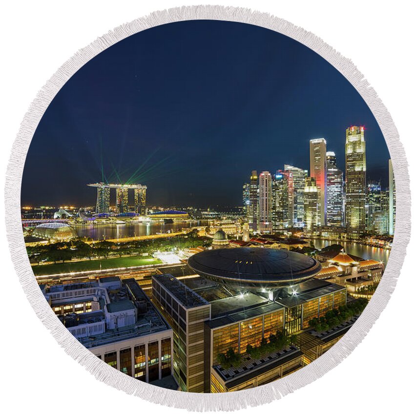 Singapore Round Beach Towel featuring the photograph Singapore Cityscape at Night #1 by David Gn