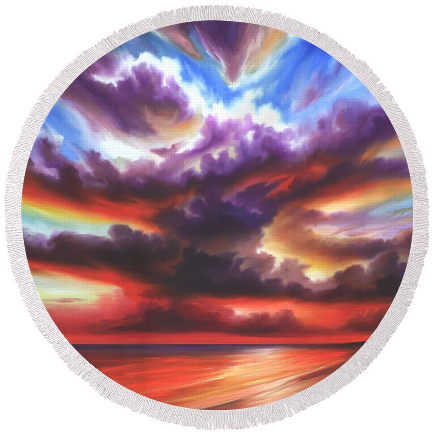 Sunrise Round Beach Towel featuring the painting Skyburst by James Christopher Hill