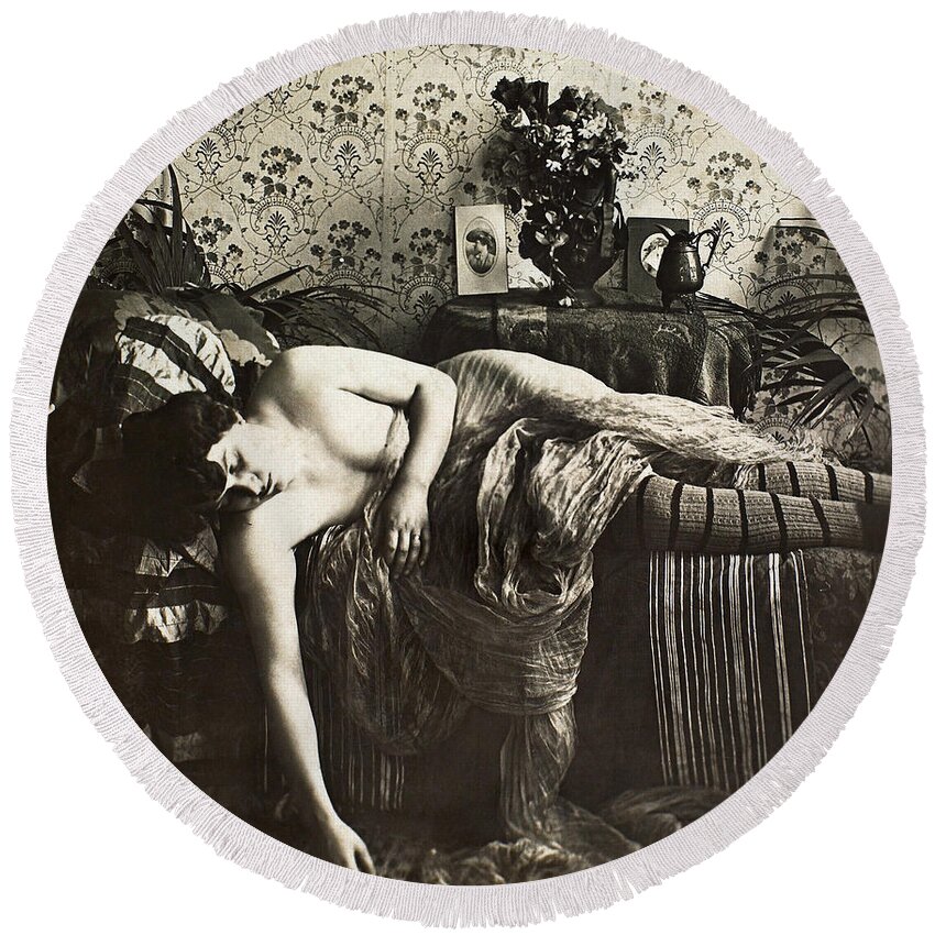 1900 Round Beach Towel featuring the painting SLEEPING WOMAN, c1900 #1 by Granger