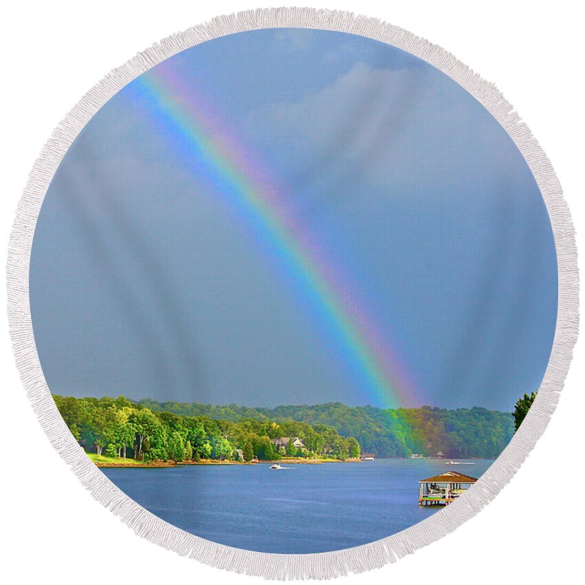 Rainbow Smith Mountain Lake Round Beach Towel featuring the photograph Smith Mountain Lake Rainbow #1 by The James Roney Collection