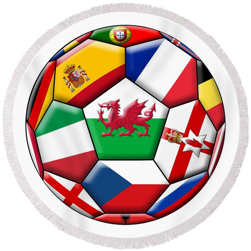 Europe Round Beach Towel featuring the digital art Soccer ball with flag of Wales in the center #1 by Michal Boubin
