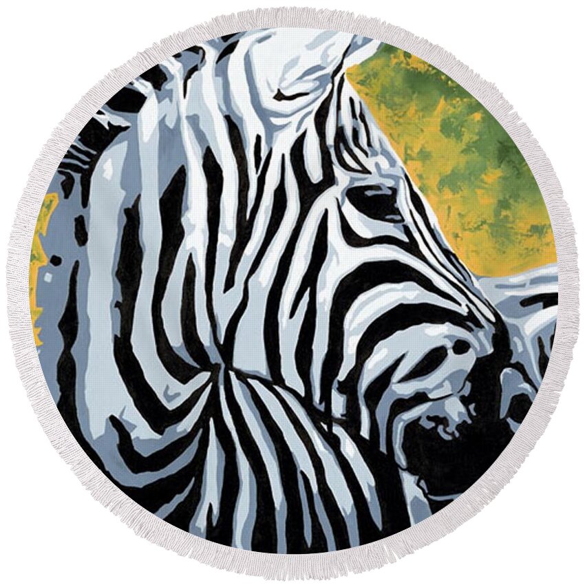 Zebra Round Beach Towel featuring the painting Soulful Glance by Cheryl Bowman