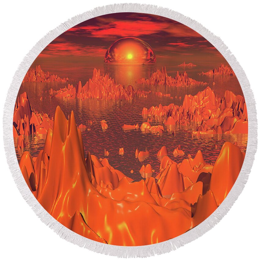 Science Fiction Round Beach Towel featuring the digital art Space Islands of Orange #2 by Phil Perkins