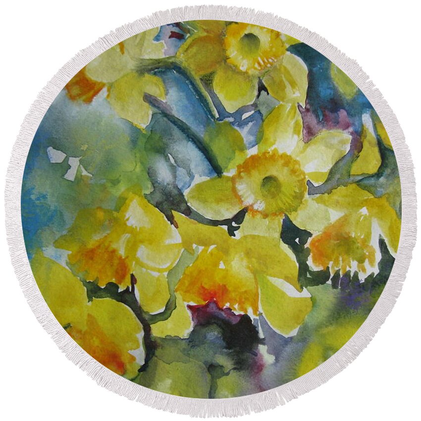 Daffodils Round Beach Towel featuring the painting Spring flowers #1 by Elena Oleniuc