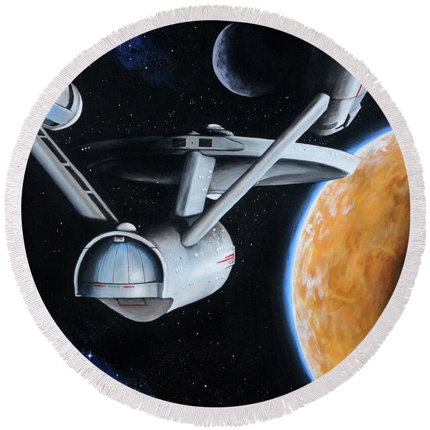 Star Trek Round Beach Towel featuring the painting Standard Orbit #1 by Kim Lockman