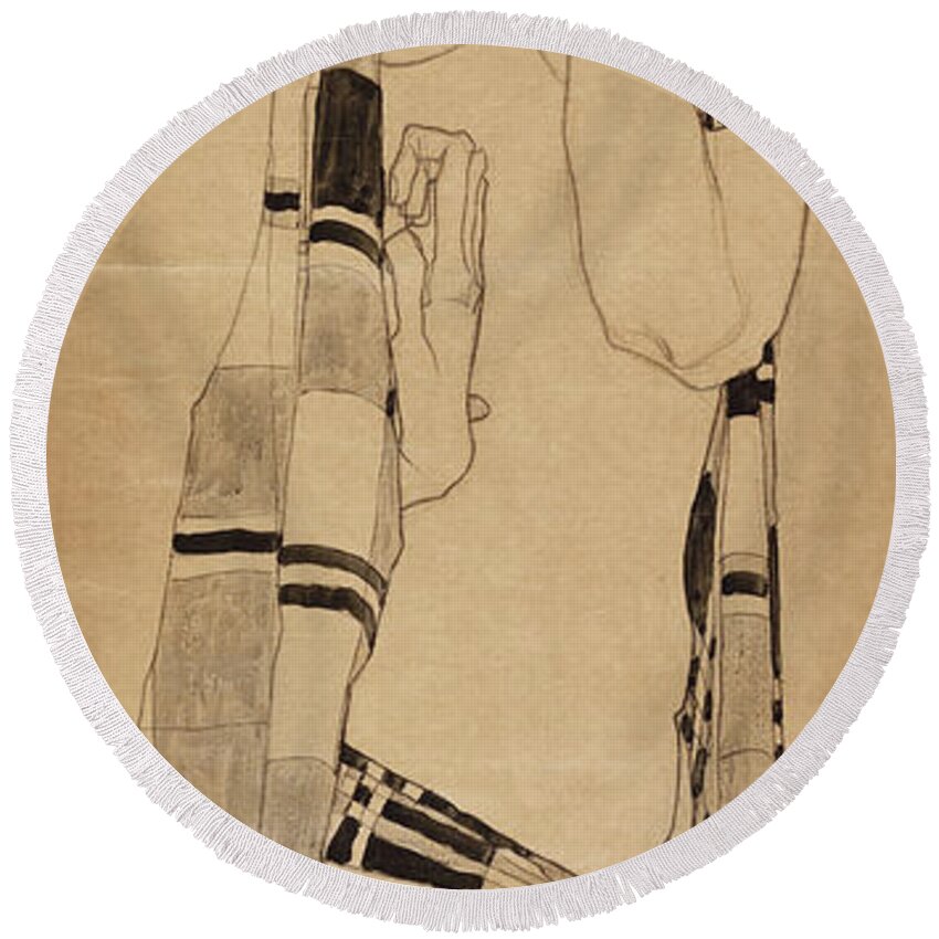 Schiele Round Beach Towel featuring the drawing Standing Girl by Egon Schiele