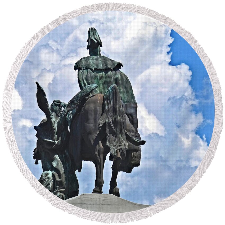  Kaiser Wilhelm In Koblenz Round Beach Towel featuring the photograph Statue of Kaiser Wilhelm in Koblenz #1 by Humphrey Isselt