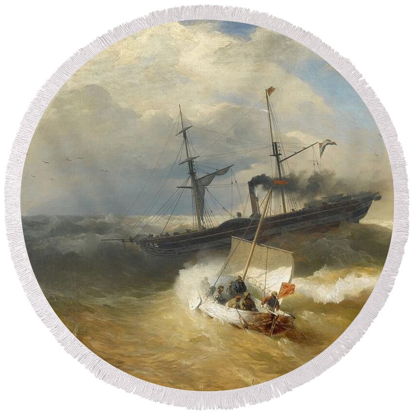 Andreas Achenbach Round Beach Towel featuring the painting Steam Ship and Sailing Boat in Rough Seas by Andreas Achenbach