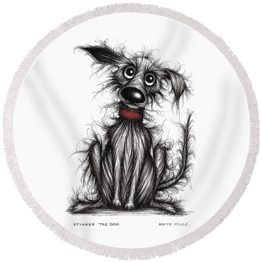 Stinker Round Beach Towel featuring the drawing Stinker the dog #1 by Keith Mills