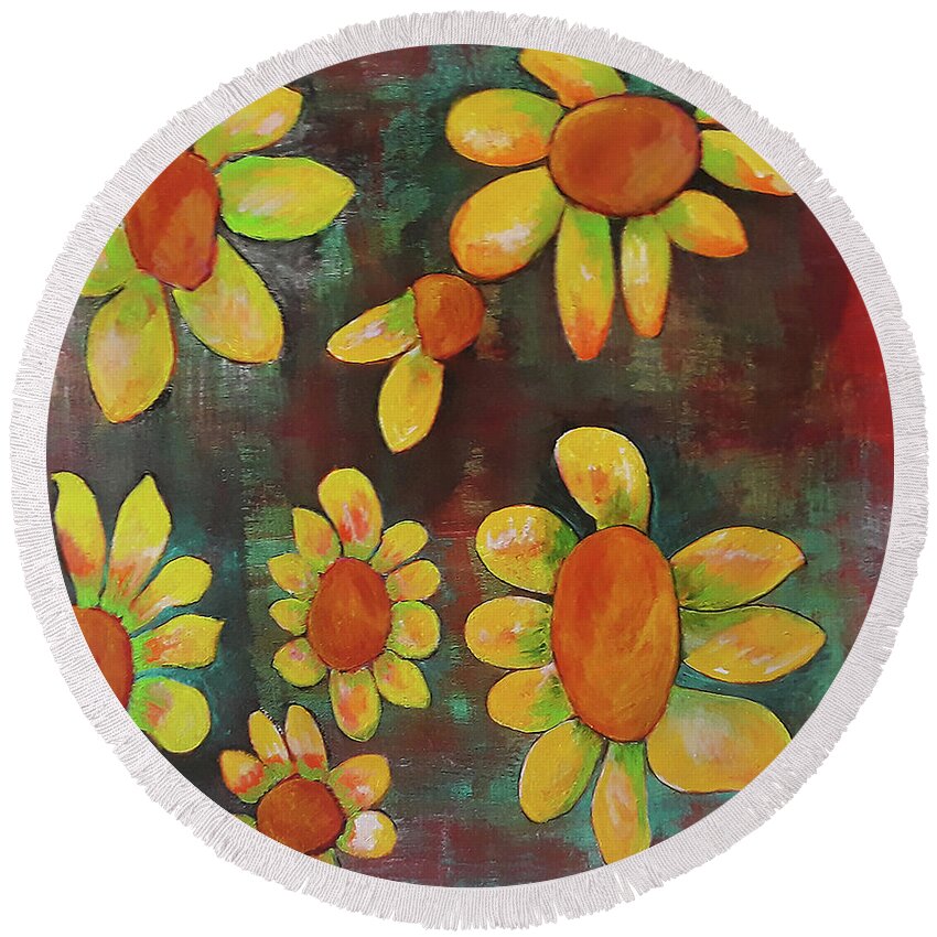 Yellow Round Beach Towel featuring the painting Yellow Flowers by Gabby Tary