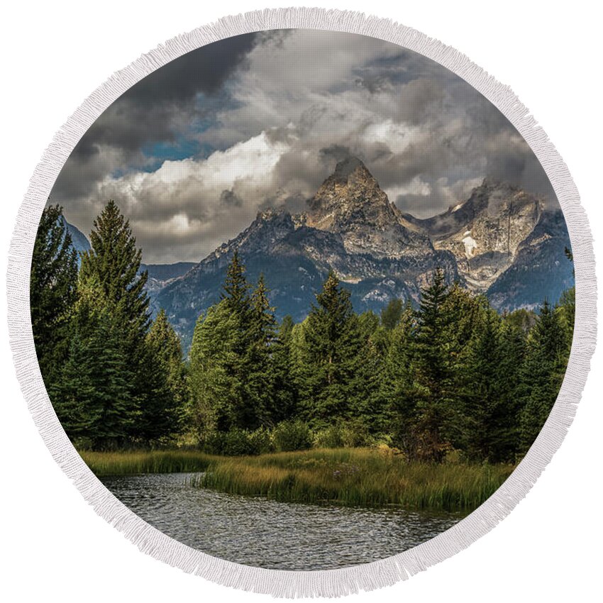Tetons Round Beach Towel featuring the photograph Sun Rises On The Tetons #1 by Yeates Photography