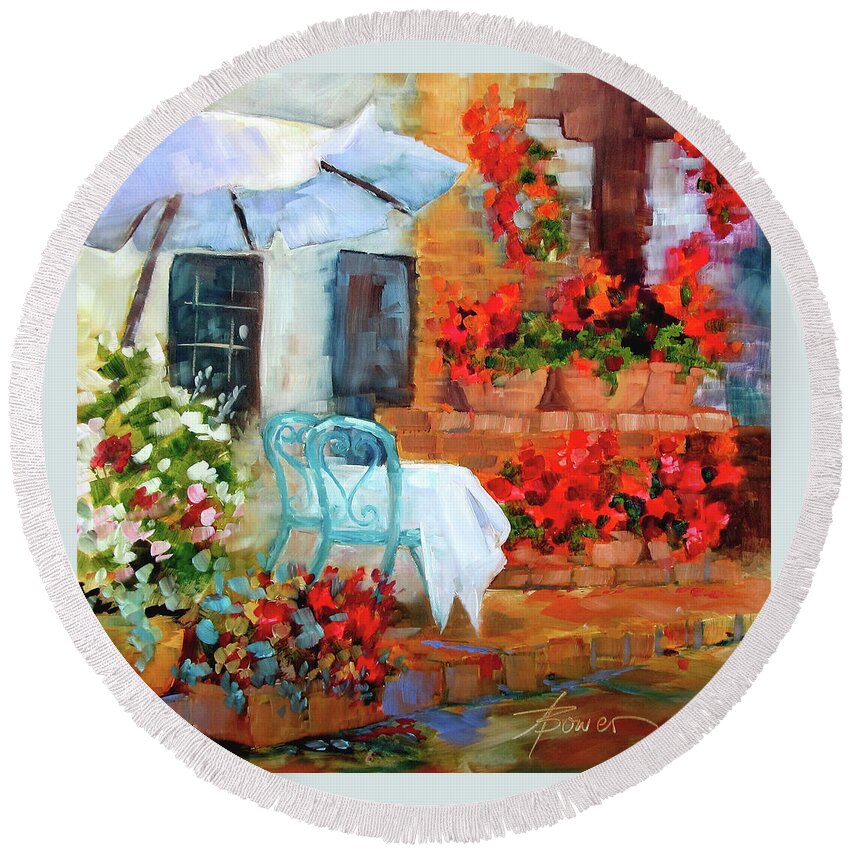 Tuscan Cafe Round Beach Towel featuring the painting Sunny With A Light Breeze by Adele Bower