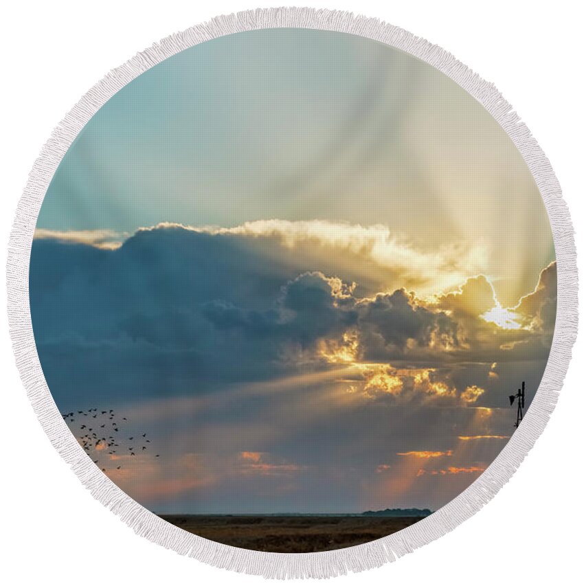 Kansas Round Beach Towel featuring the photograph Sunrise and Windmill -01 #1 by Rob Graham