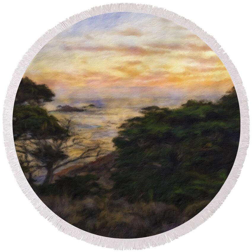 Landscape Round Beach Towel featuring the mixed media Sunset by Jonathan Nguyen
