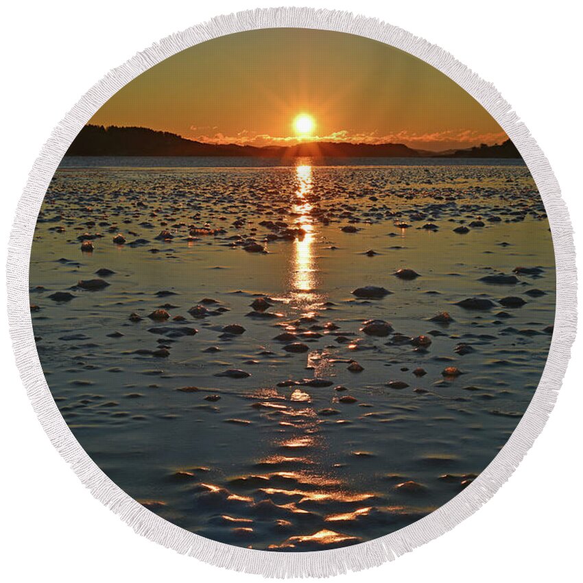 Sweden Round Beach Towel featuring the pyrography Sunset #3 by Magnus Haellquist