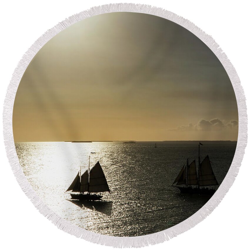 Scenic Round Beach Towel featuring the photograph Sunset Schooners #2 by Arthur Dodd