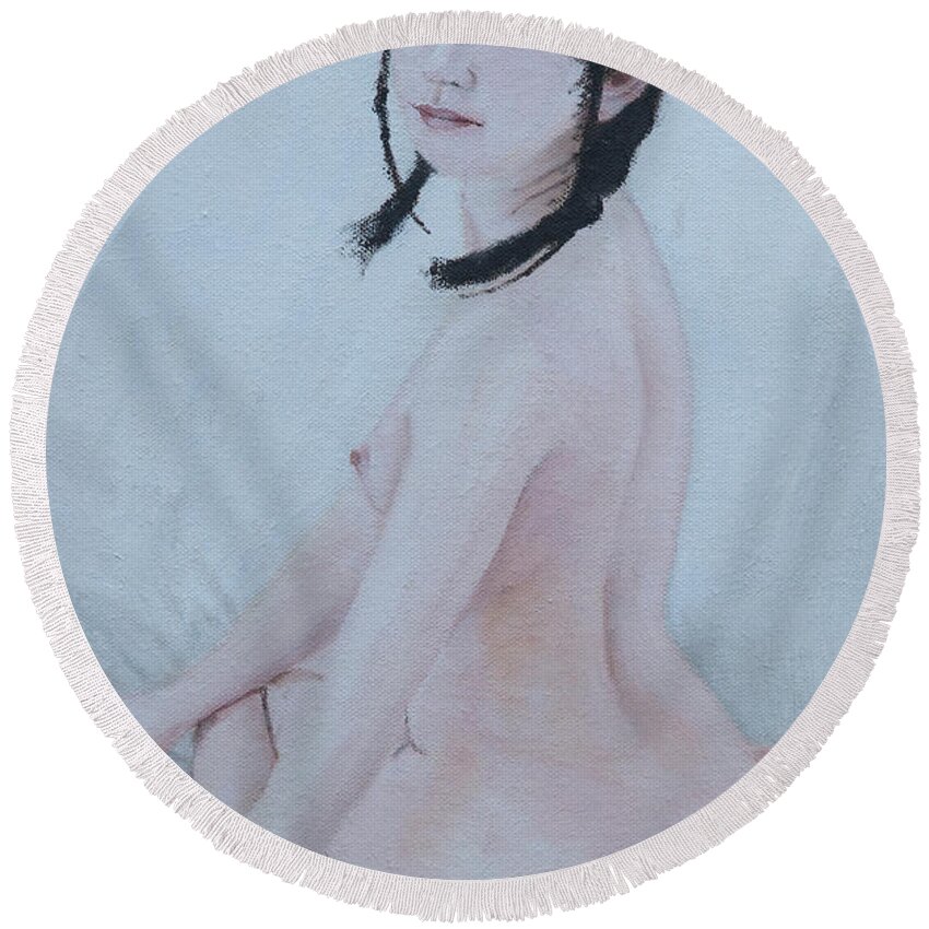 Nude Round Beach Towel featuring the painting Tenderness #1 by Masami Iida