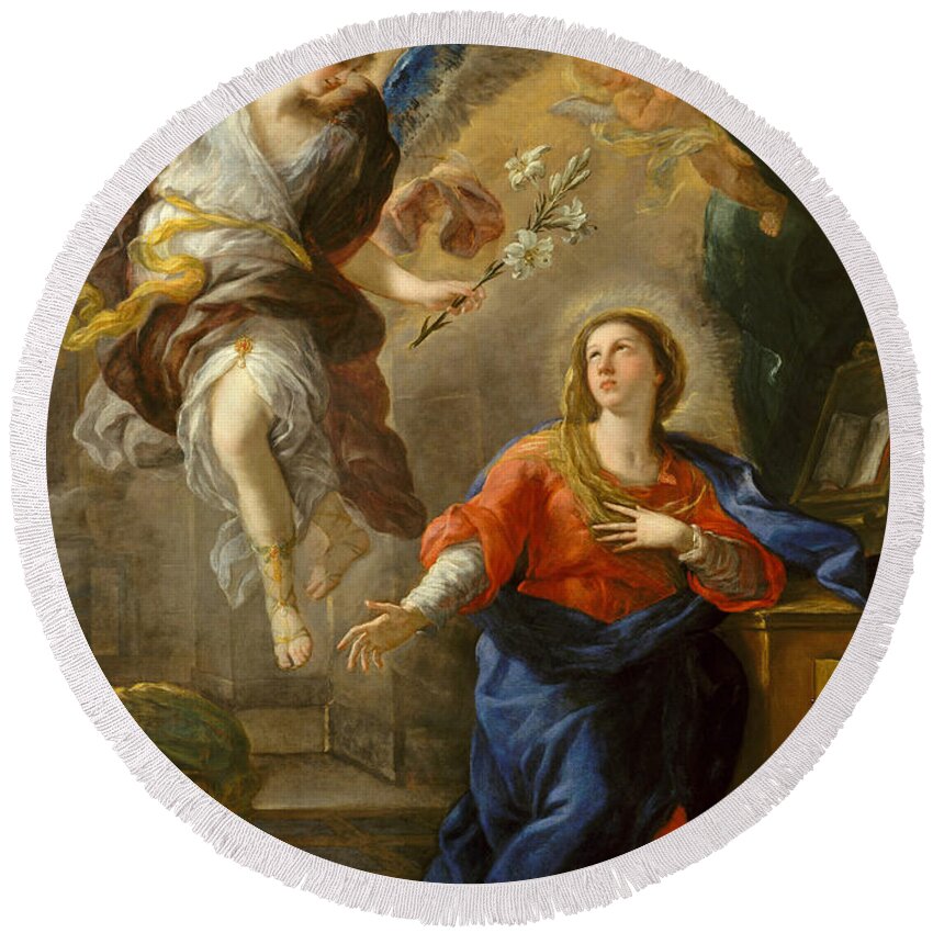Luca Giordano Round Beach Towel featuring the painting The Annunciation #1 by Luca Giordano