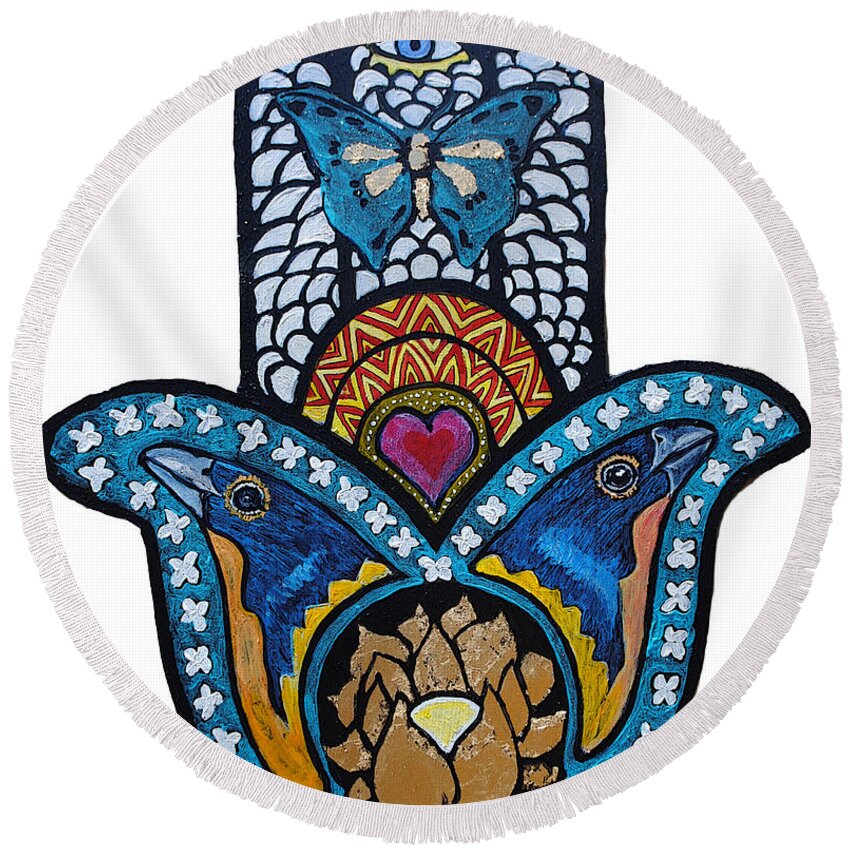 Hamsa Round Beach Towel featuring the painting The Blue Bunting Hamsa by Patricia Arroyo