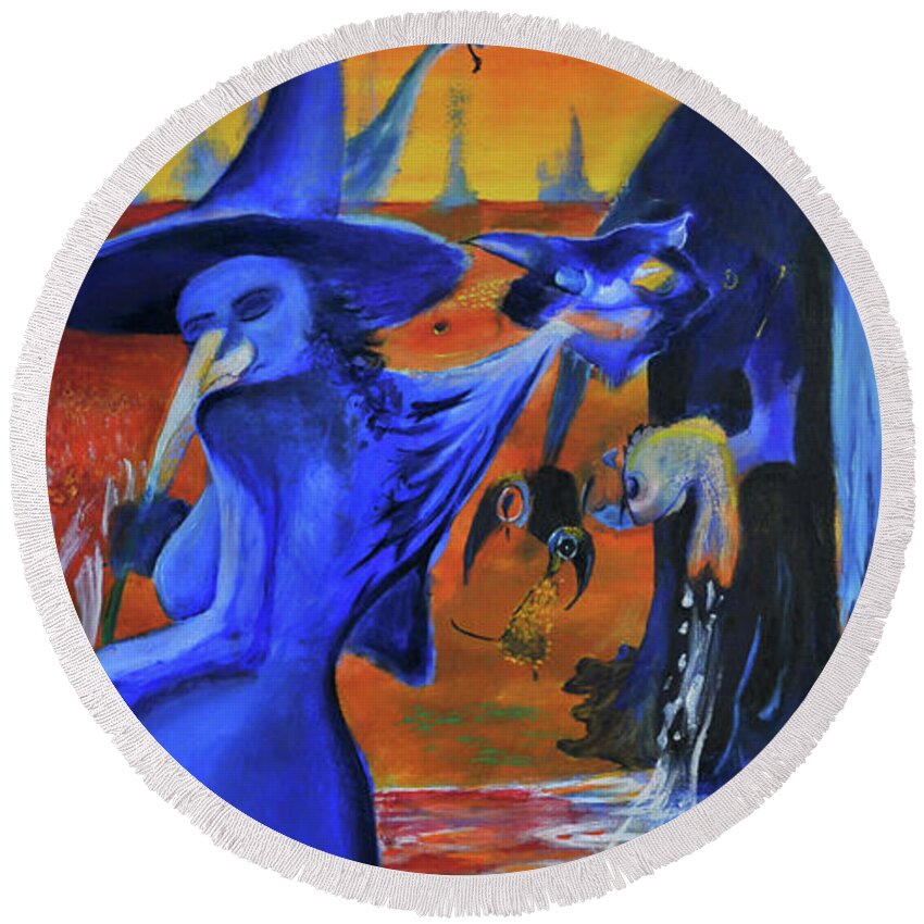 Ennis Round Beach Towel featuring the painting The Cat And The Witch #1 by Christophe Ennis