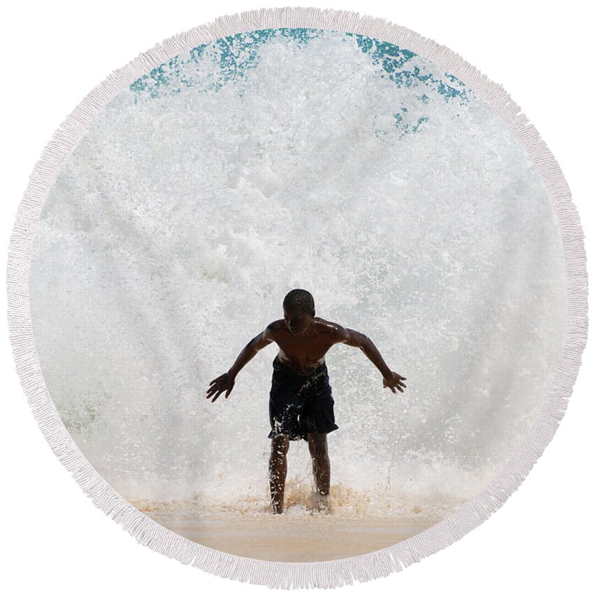 Boy Round Beach Towel featuring the photograph The Challenge #1 by Ramunas Bruzas