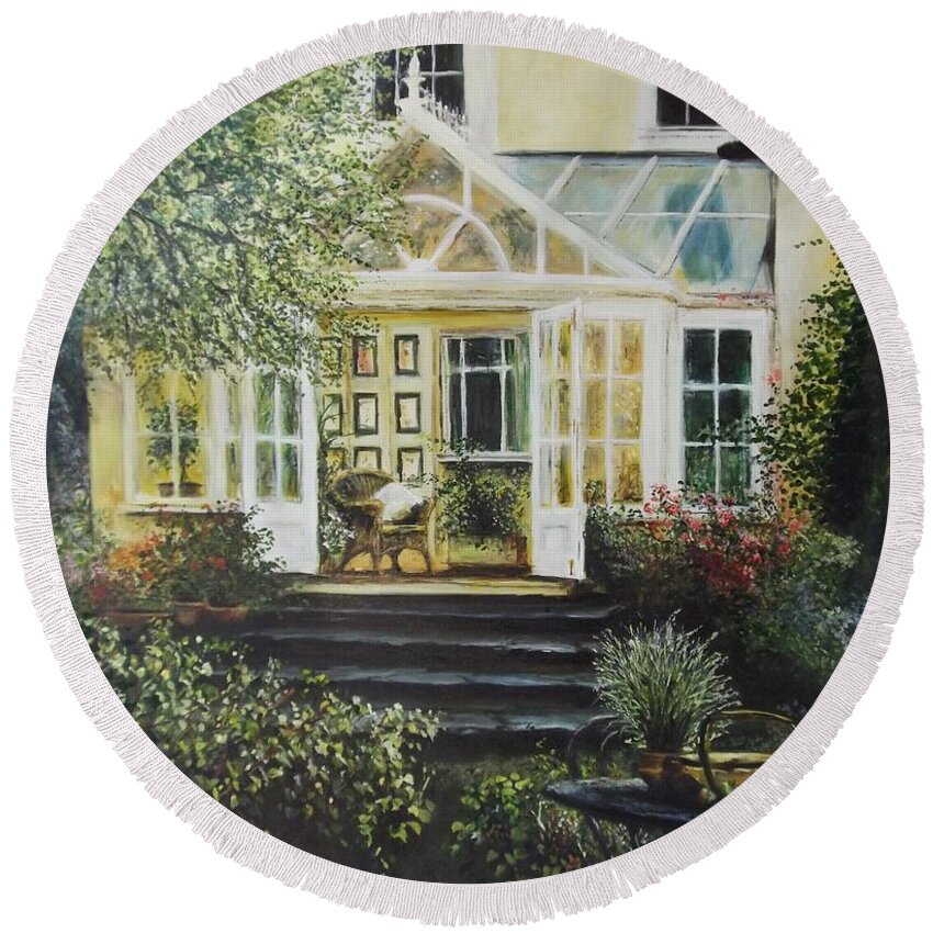 Conservatory Round Beach Towel featuring the painting The Conservatory #1 by Lizzy Forrester