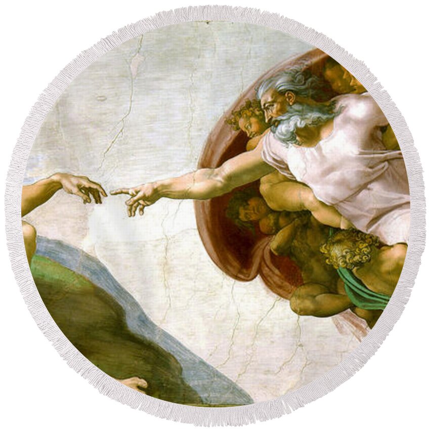 Michelangelo Round Beach Towel featuring the painting The Creation Of Adam by Michelangelo